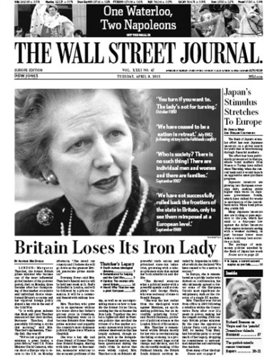 《华尔街日报》欧洲版头版有关撒切尔离世报道 《华尔街日报》欧洲版头版有关撒切尔离世报道